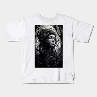 and white image depicts a woman with a tree sprouting blackfrom her head Kids T-Shirt